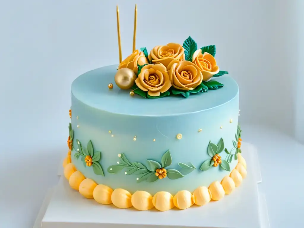 Una obra maestra de repostería con detalles florales y decoración en oro, simetría perfecta y colores suaves