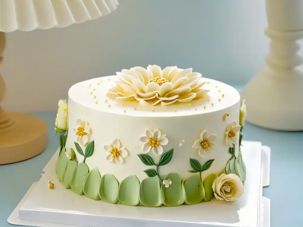 Obra maestra de repostería elegante inspirada en Bake Off, con decoración detallada y refinada en un pastel de varios pisos