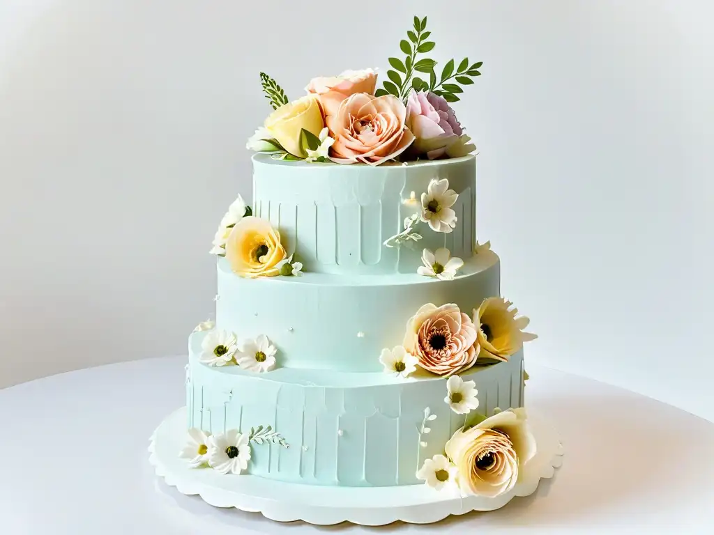 Una obra maestra de la repostería: un elegante pastel decorado con flores pastel, detalles de glaseado e iluminación sutil