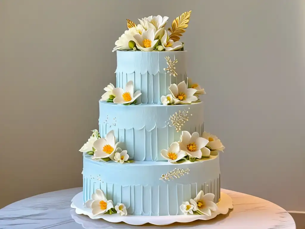 Una obra maestra de repostería experta: una impresionante tarta de boda decorada con detalles florales y hojas de oro comestibles