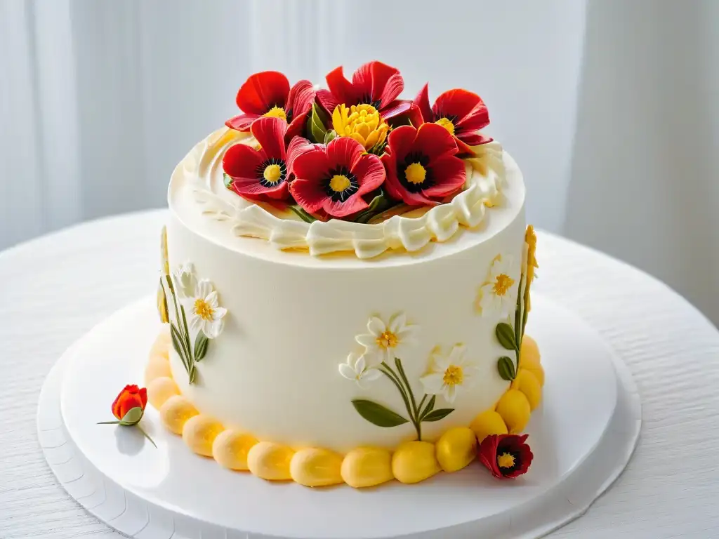 Obra maestra de repostería: exquisito pastel decorado con flores comestibles y detalles dorados, demostrando la destreza de un chef pastelero