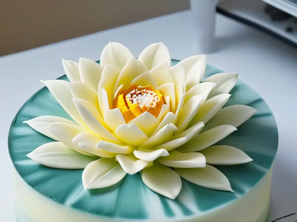 Obra maestra en repostería con impresión 3D: una flor de azúcar elaborada con precisión y delicadeza, fusionando arte y tecnología moderna