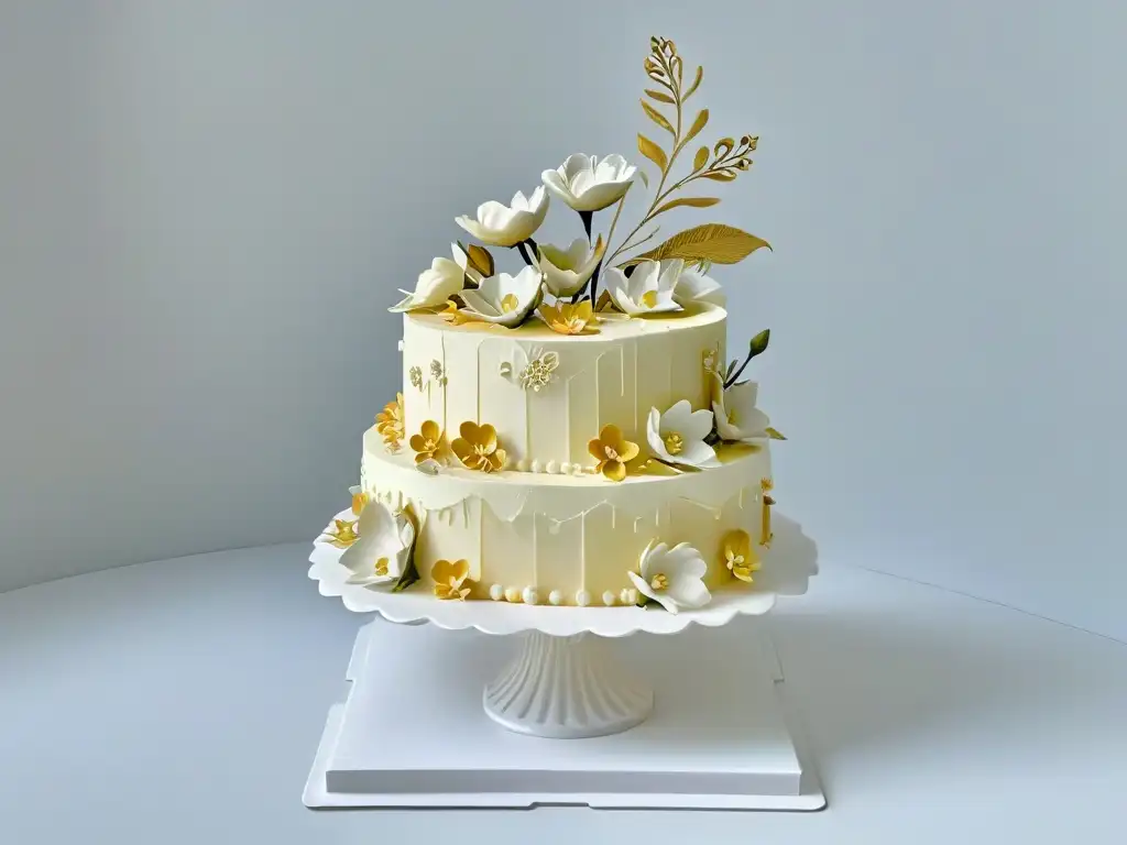 Obra maestra de repostería con flores de azúcar y detalles en oro, en revista repostería digital nivel experto