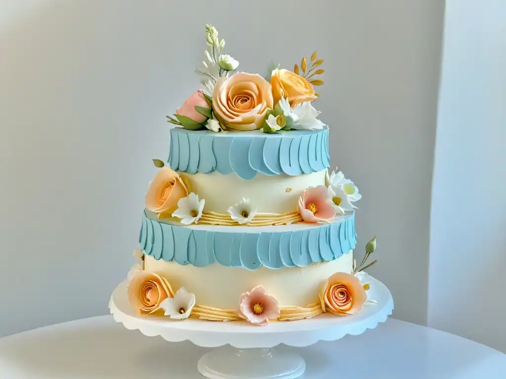 Obra maestra de repostería francesa con flores de azúcar en tonos pastel, sobre pedestal blanco