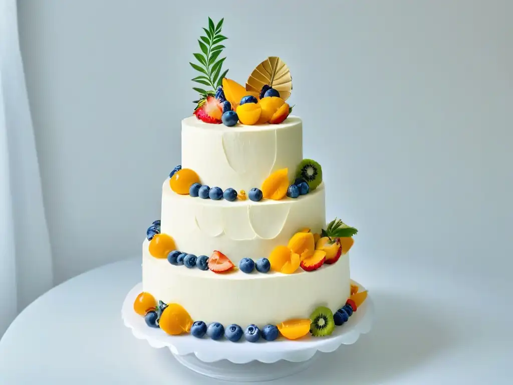 Una obra maestra de la repostería ética global: pastel de boda vegano con detalles intrincados y decoración natural sobre fondo blanco