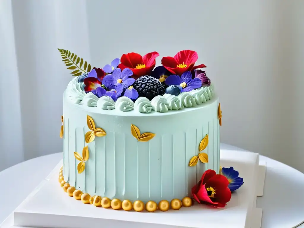 Obra maestra de repostería sin gluten: pastel multicolor con flores comestibles y detalles de hoja de oro, creación impresionante de un chef