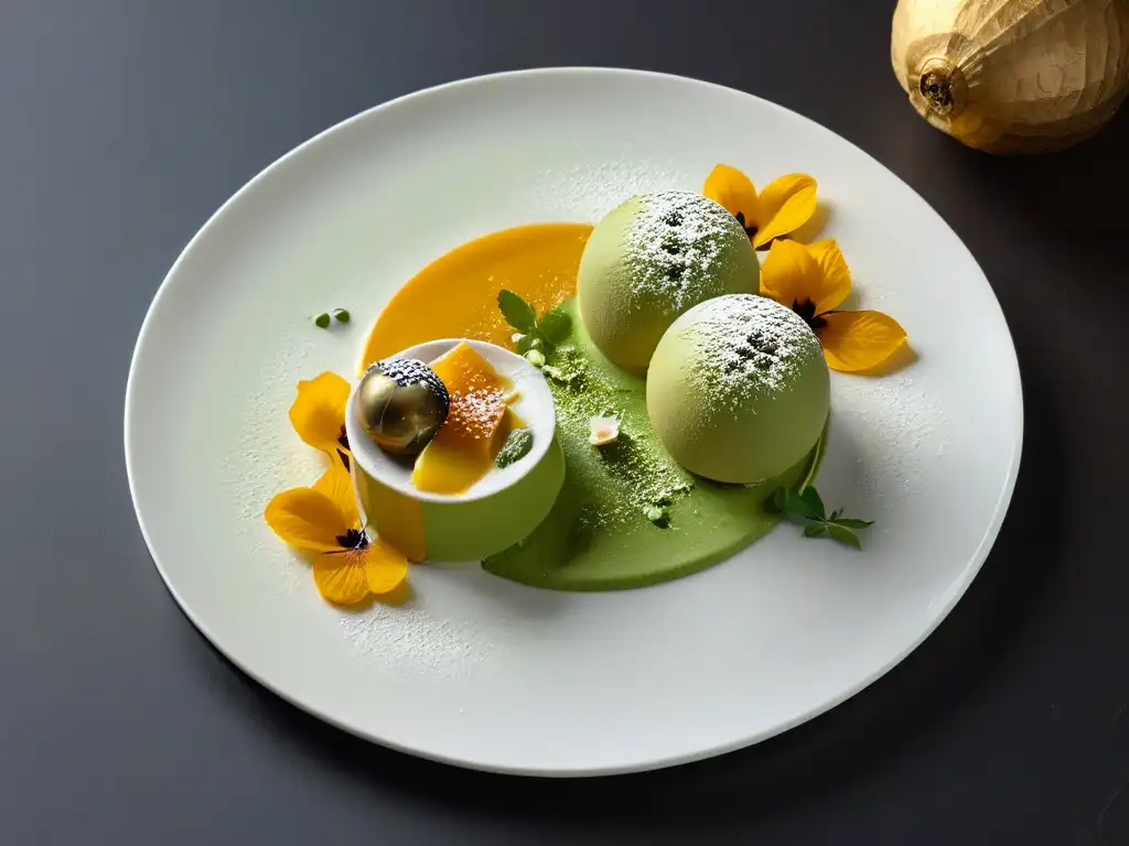 Exquisita creación gourmet: postre de sabores exóticos en plato elegante Una obra maestra de la repostería gourmet, combina sabores exóticos en un delicado postre artísticamente decorado