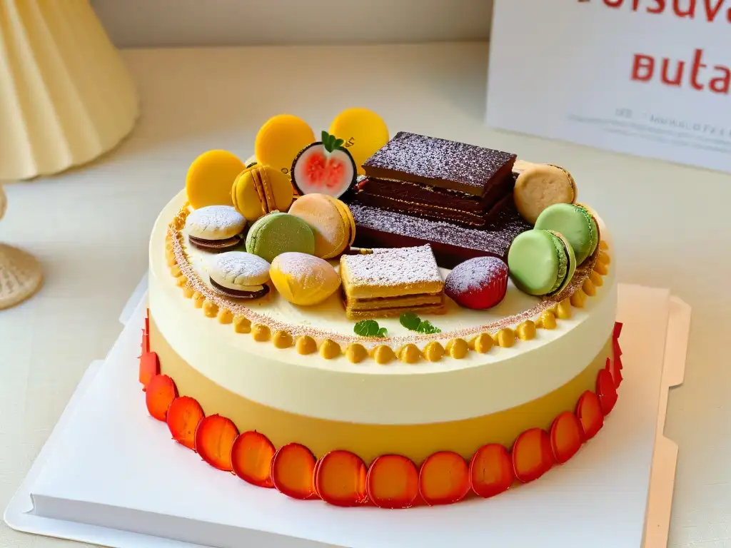 Pastel multicultural: fusión de sabores internacionales en una obra maestra Una obra maestra de repostería internacional con macarons franceses, mochi japonés, tiramisú italiano y baklava árabe