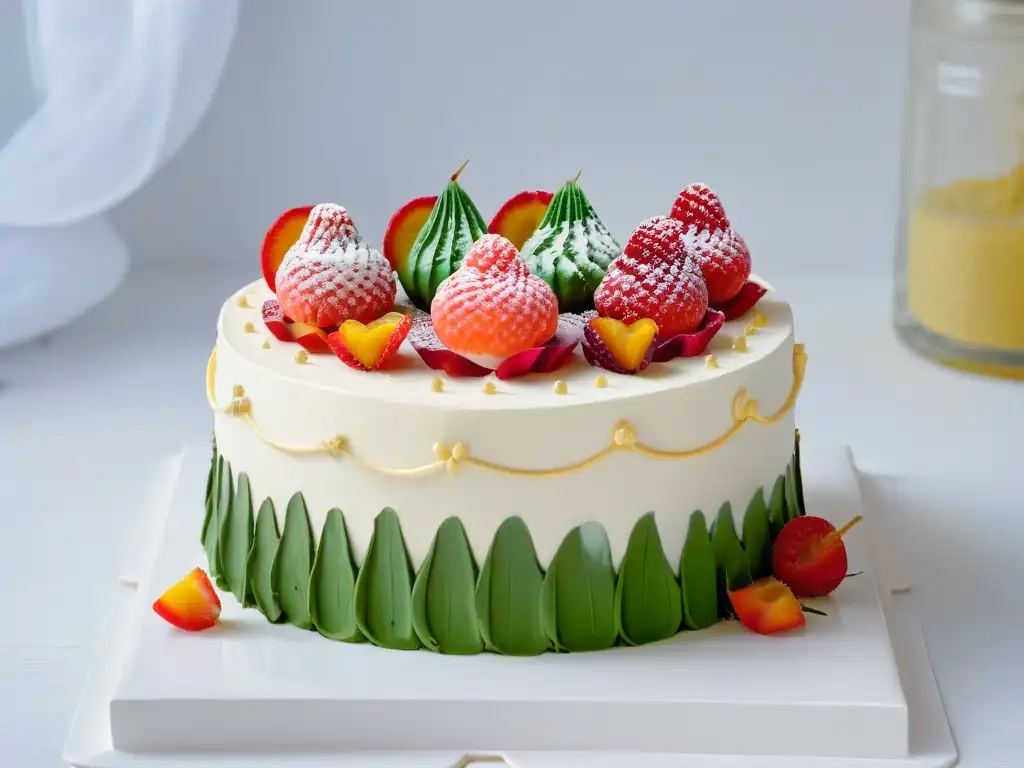 Una obra maestra de la repostería internacional que fusiona tendencias de todo el mundo, con decoraciones detalladas y colores vibrantes