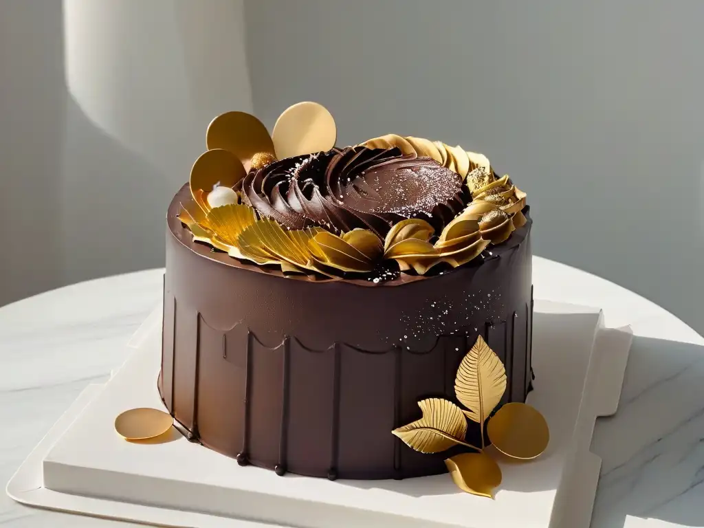 Una obra maestra de la repostería moderna: un exquisito pastel de ganache de chocolate con detalles de hoja de oro