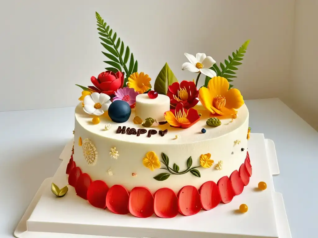 Pastel multicultural: fusión de elementos globales en arte repostero Obra maestra de repostería moderna fusión cultural global: pastel detallado con elementos de todo el mundo en elegante presentación blanca