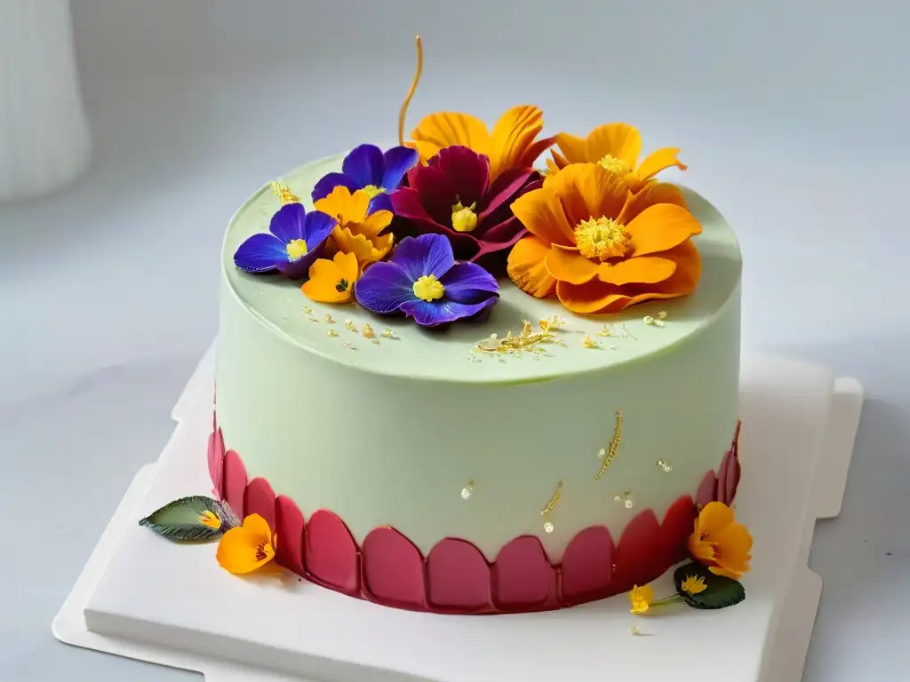 Obra maestra de repostería moderna: pastel arcoíris colorido con flores comestibles y detalles en oro sobre mesa de mármol
