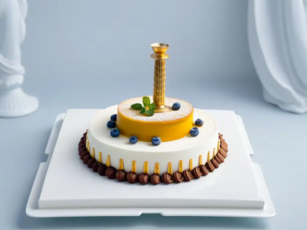 Una obra maestra de repostería neoclásica con elementos de arte antiguo en un plato elegante inspirado en la arquitectura griega