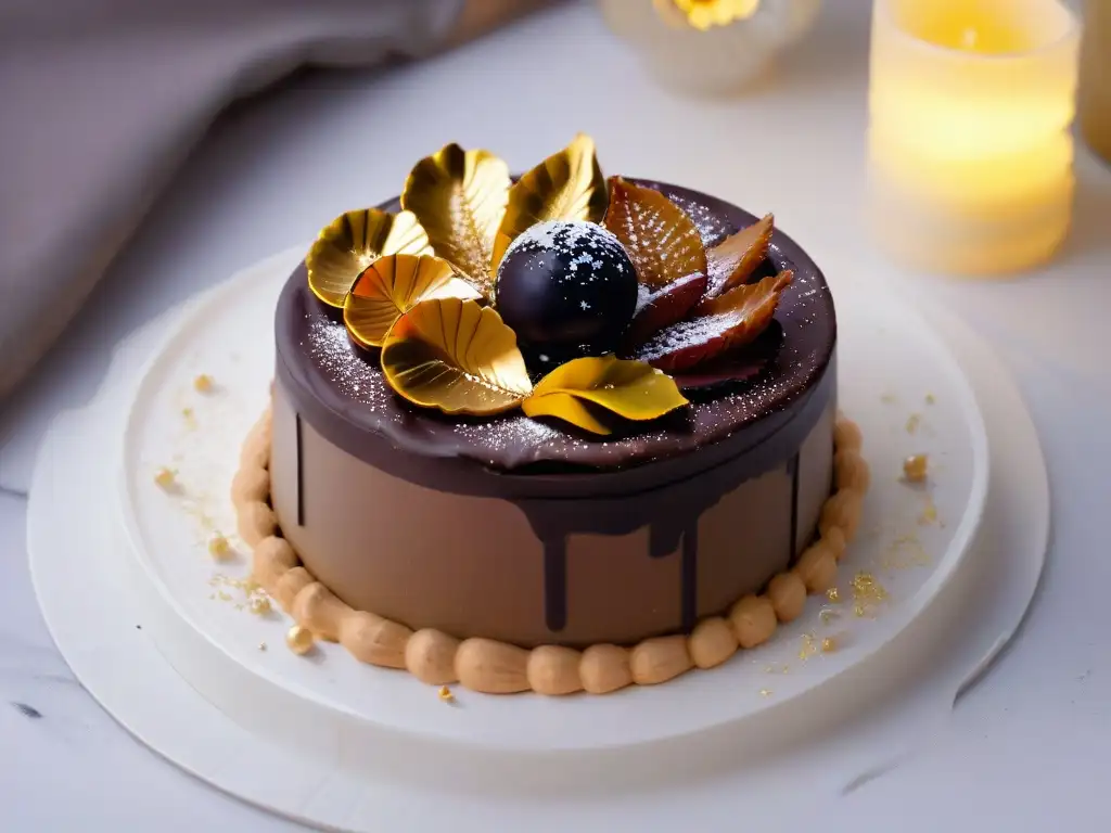 Una obra maestra de la repostería con oro comestible: exquisito postre de chocolate con mousse, caramelo dorado y detalles brillantes