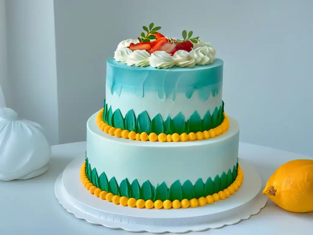 Una obra maestra de repostería: un pastel de tres pisos decorado con colores vibrantes y detalles delicados que muestra la calidad de las certificaciones online en repostería