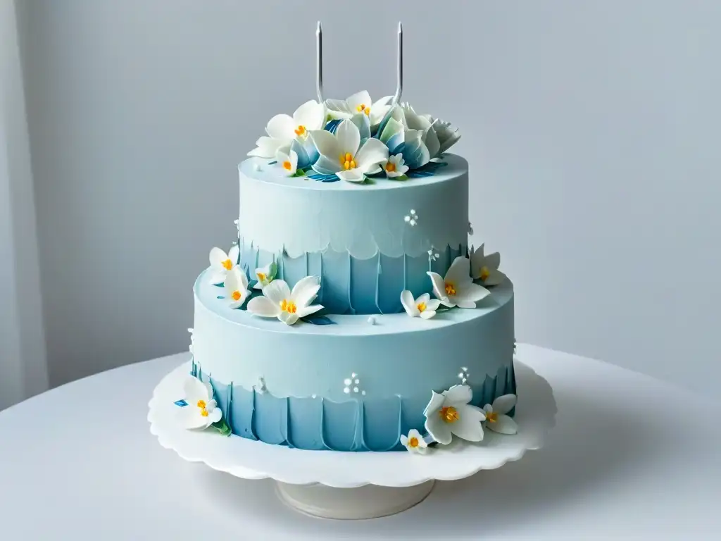 Una obra maestra de repostería: un pastel de bodas de tres pisos perfectamente decorado con flores de azúcar y detalles en tonos pastel