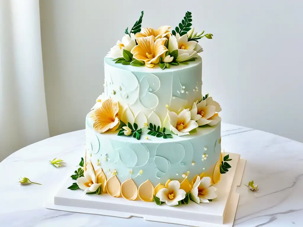 Obra maestra en repostería: pastel de bodas multicolor en mármol blanco, detalle y destreza de talleres avanzados repostería maestro pastelero