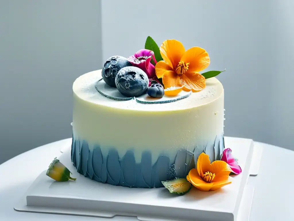 Una obra maestra de repostería: pastel de frutas exóticas con decoraciones florales comestibles