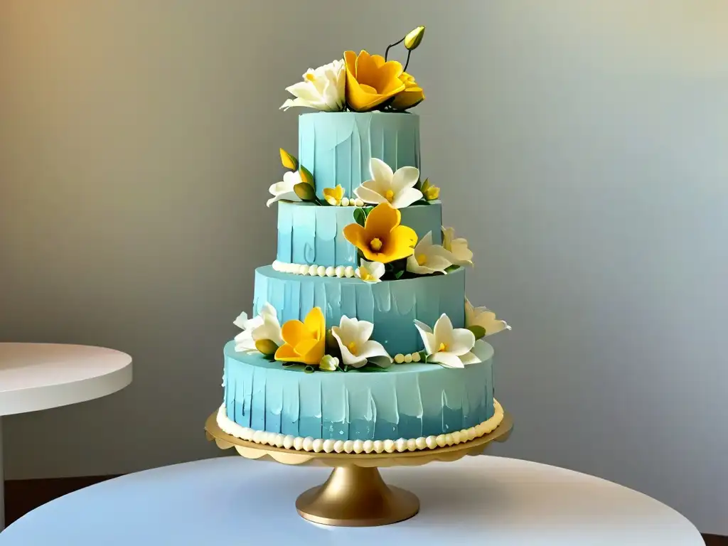 Obra maestra de repostería: pastel de bodas con flores de azúcar, detalles dorados y encaje, sobre un pedestal minimalista