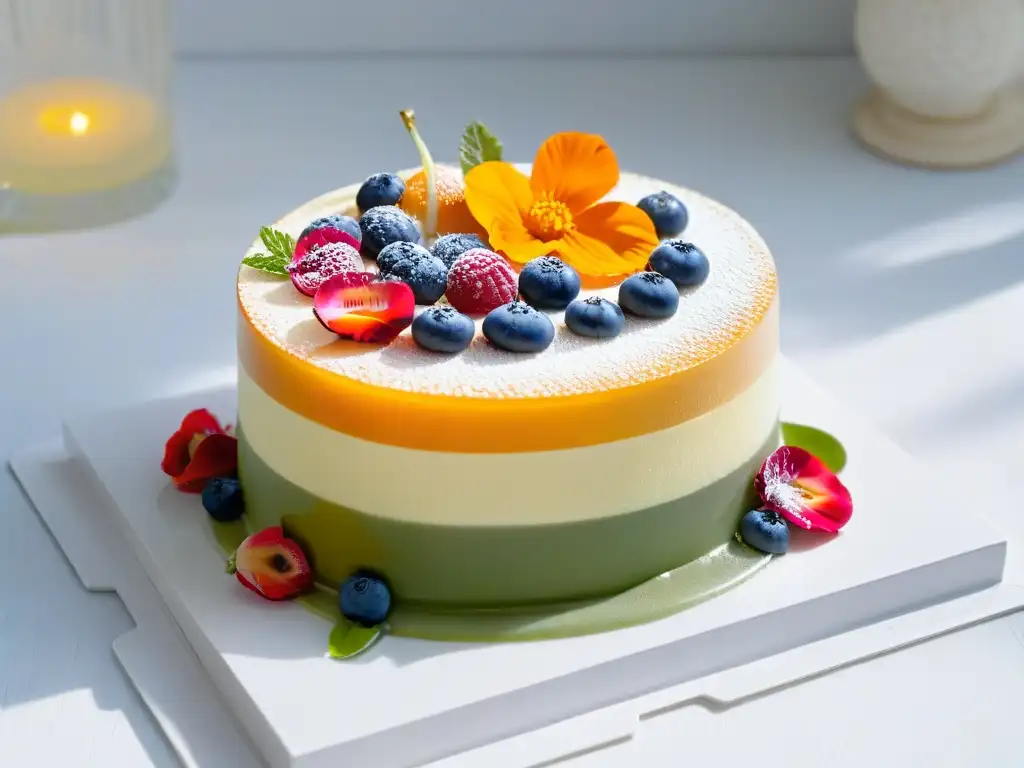 Obra maestra de gelificación en repostería: postre vibrante con capas de colores y texturas, flores y frutas, en plato elegante y moderno