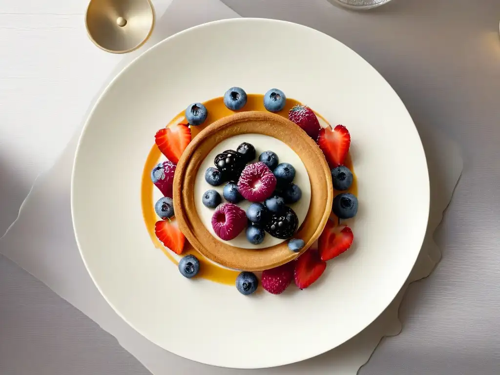 Obra maestra de repostería: postre exquisito con detalles de chocolate, hojas de oro y frutas frescas