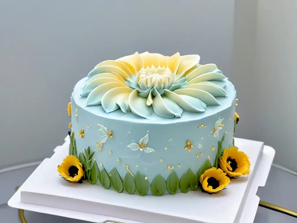 Obra maestra de repostería para tu preparación primer concurso repostería: pastel decorado con detalle floral y hojas de oro comestibles