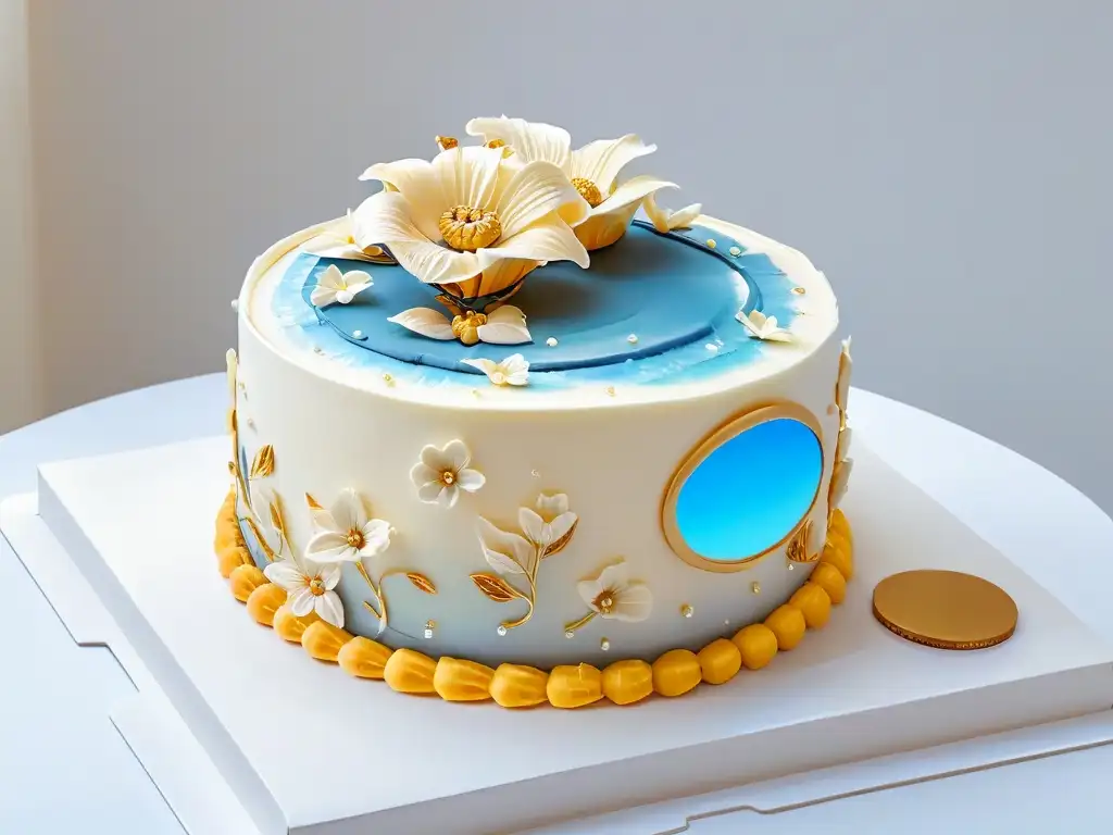 Una obra maestra en repostería fusionando Realidad Virtual en repostería con un pastel elegantemente decorado y un auricular VR flotante