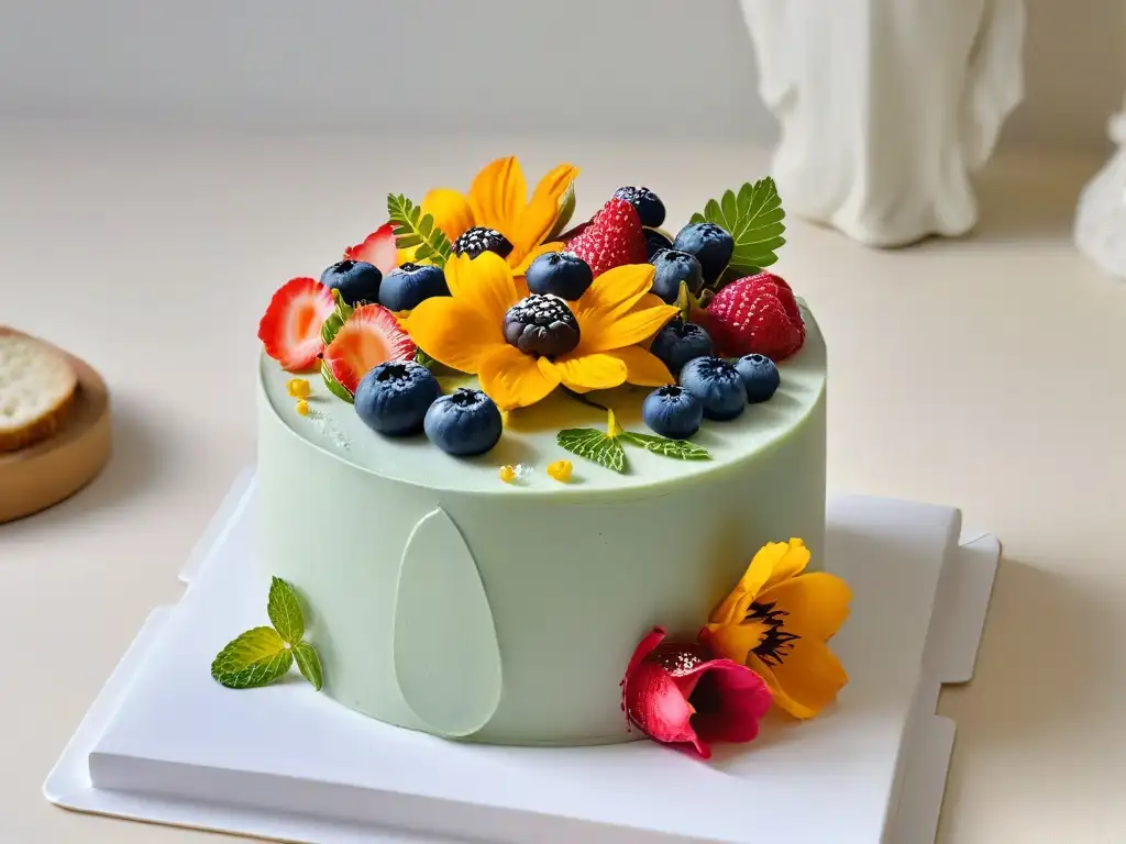 Una obra maestra de repostería sostenible y biodiversidad: un pastel decorado con flores y frutas, resaltando la armonía y la exquisitez natural