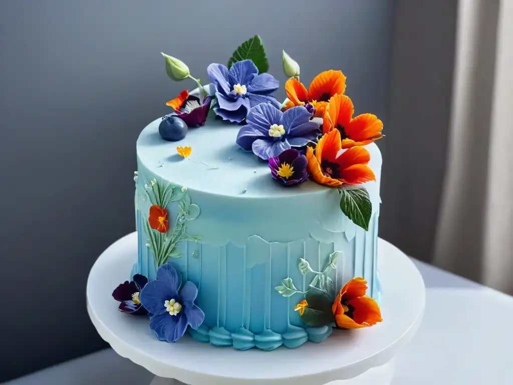 Obra maestra de repostería: detalle de tarta con flores y decoración elaborada