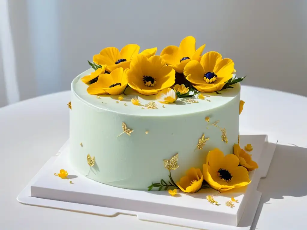 Obra maestra de repostería con técnicas innovadoras repostería globales en torta de flores comestibles y detalles dorados brillantes