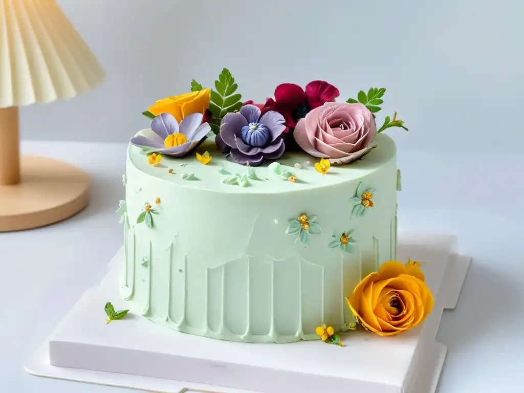 Una obra maestra de repostería vegana con decoración detallada en tonos pastel y toques de oro, exhibiendo lujo y sofisticación