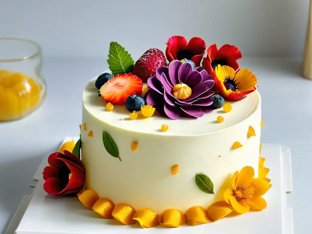 Una obra maestra de repostería vegana: tendencias y clásicos, un pastel decorado con flores y frutas sobre un elegante mostrador de cocina minimalista