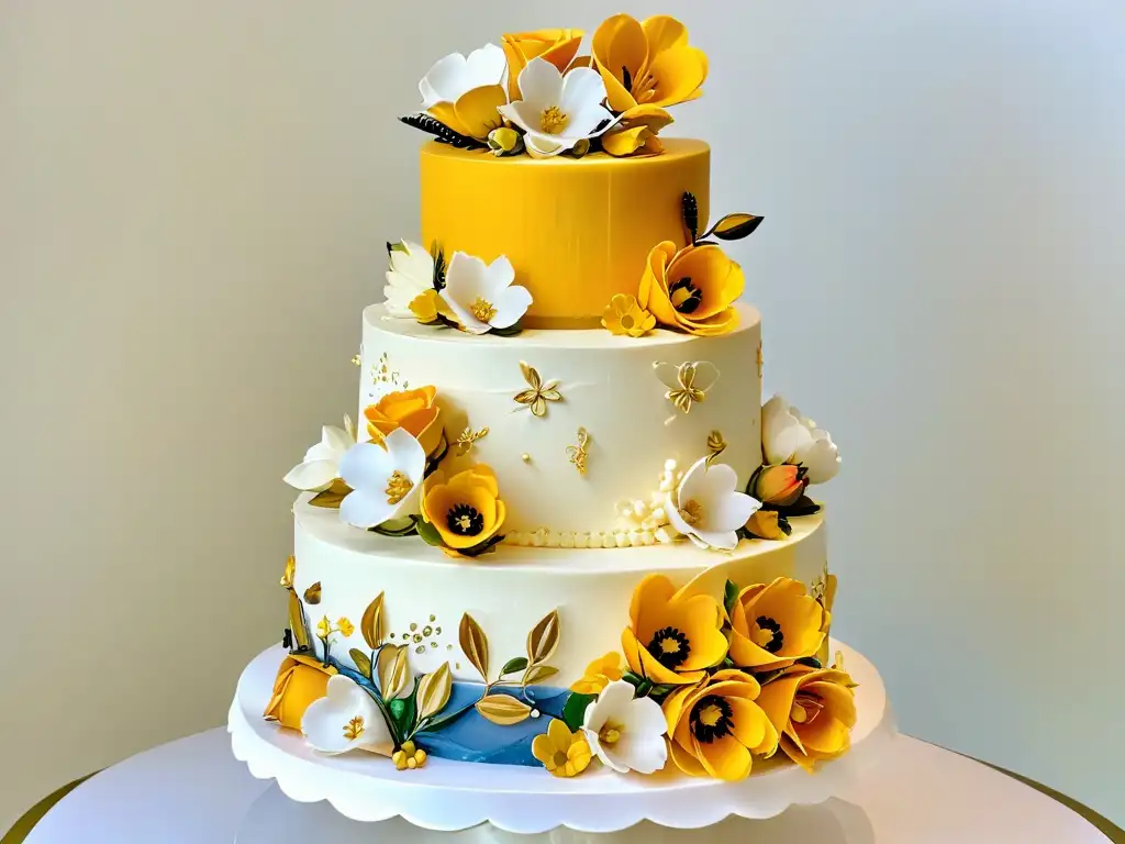 'Obra maestra: torta de tres pisos inspirada en el Renacimiento, con detalles dorados, flores de azúcar y fondant de mármol