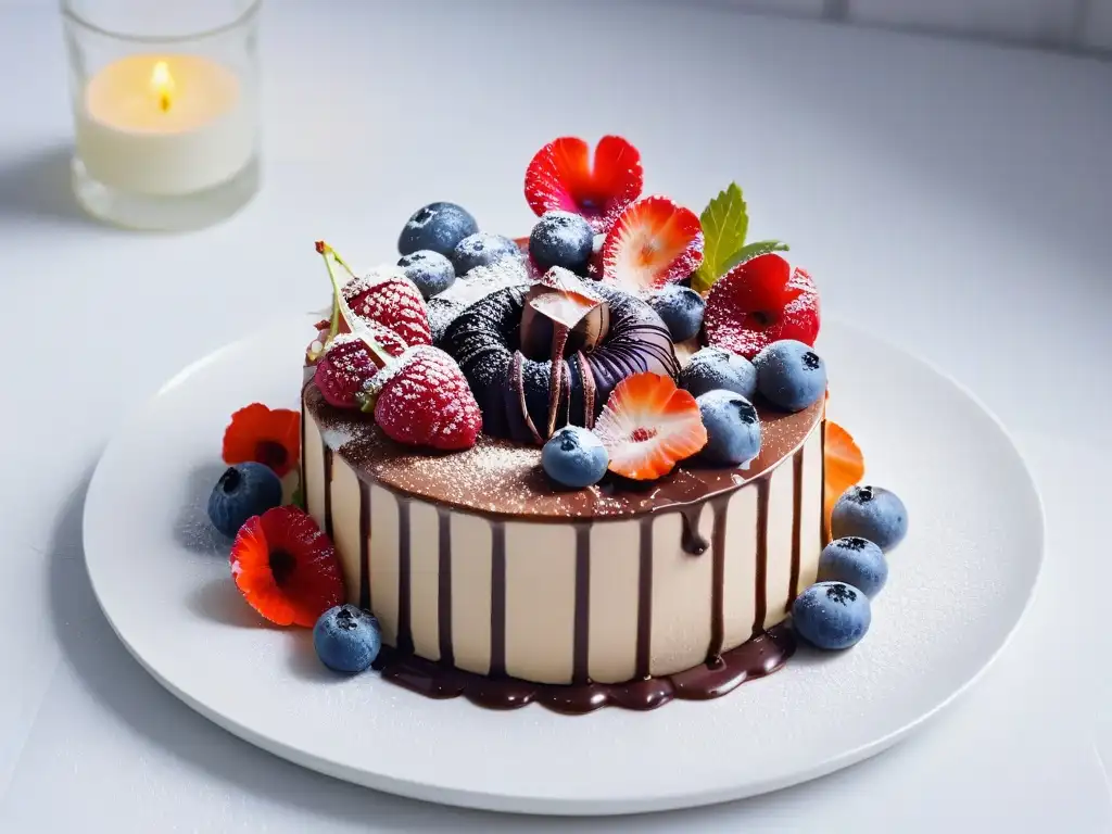 Obra maestra vegana en tendencias repostería 2023: crema, frutas, flores y chocolate en plato blanco elegante