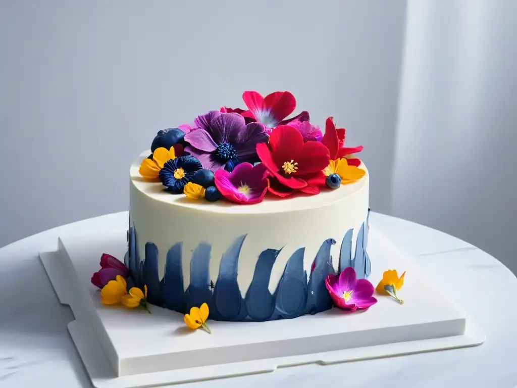 Obra de repostería moderna: tarta abstracta con colores vibrantes, detalles en oro y flores comestibles en un elegante mostrador de mármol blanco