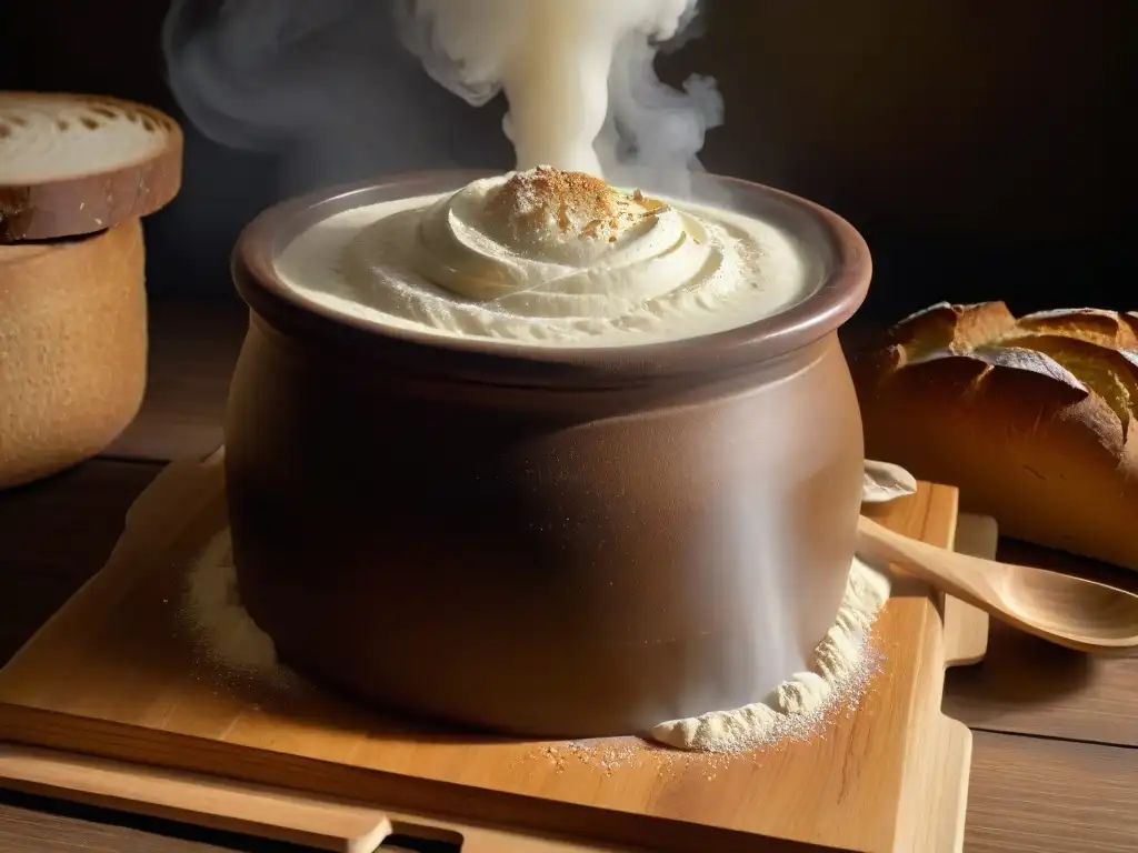 Una olla de barro con masa madre burbujeante, rodeada de harina y panes artesanales, evoca las técnicas ancestrales de fermentación en repostería