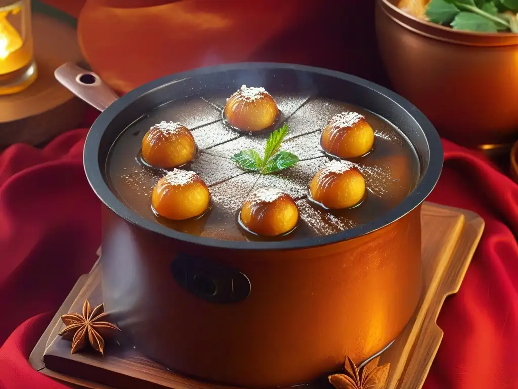 Una olla de cobre tradicional rebosante de Gulab Jamuns dorados flotando en un almíbar, mostrando la intrincada textura brillante de los dulces