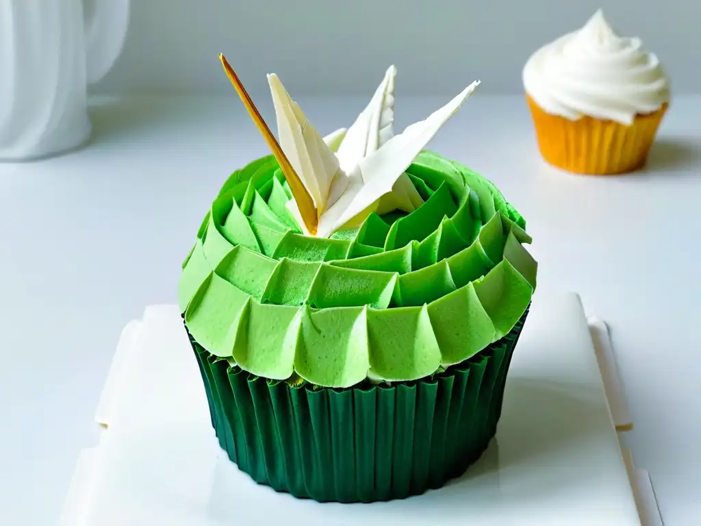 Origami de papel comestible en repostería creativa: grulla sobre cupcake matcha verde vibrante