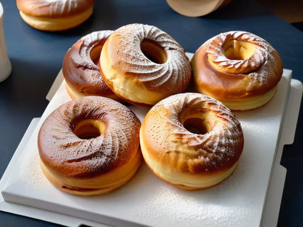 Un Pączki recién horneado, dorado y espolvoreado con azúcar glas