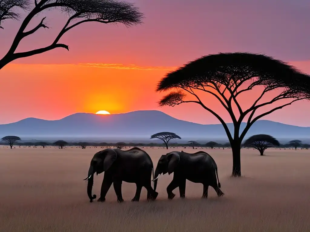 Paisaje africano al atardecer con elefantes en la sabana Paisaje africano al atardecer con elefantes y montañas al fondo