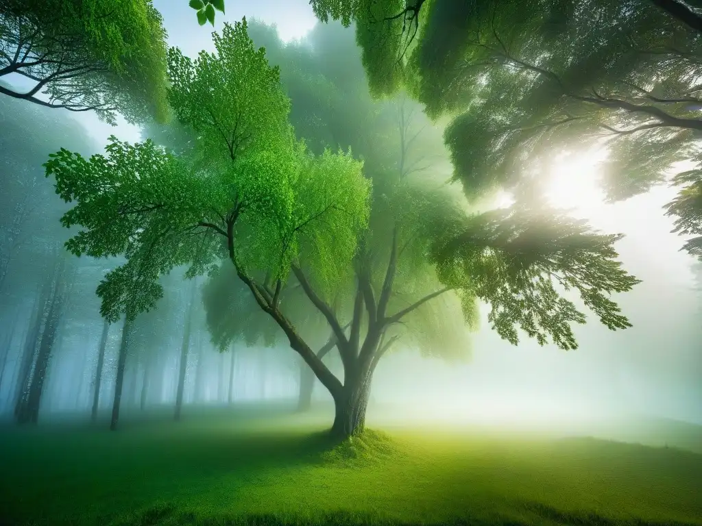 Un paisaje de bosque sereno con un majestuoso abedul, mostrando los beneficios del azúcar de abedul en estilo minimalista y sofisticado