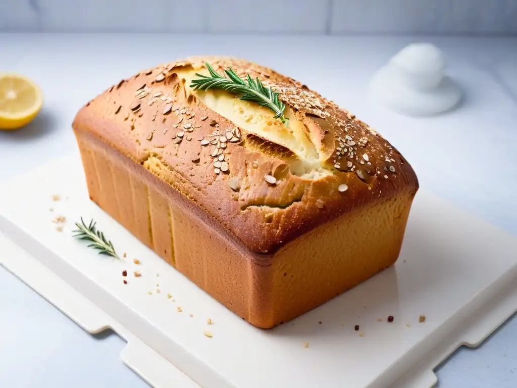 Un pan de almendra dorado y crujiente, espolvoreado con semillas de lino y romero, sobre mármol