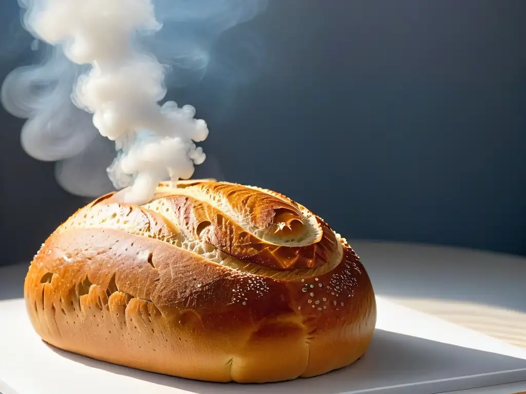 Un pan artesanal dorado recién horneado con vapor y gotas de agua, mostrando la artesanía de la panadería casera