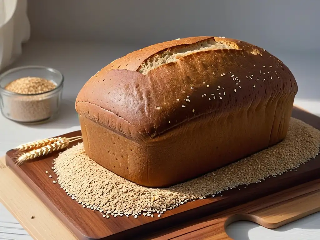 Pan de centeno recién horneado en tabla de madera con granos de centeno