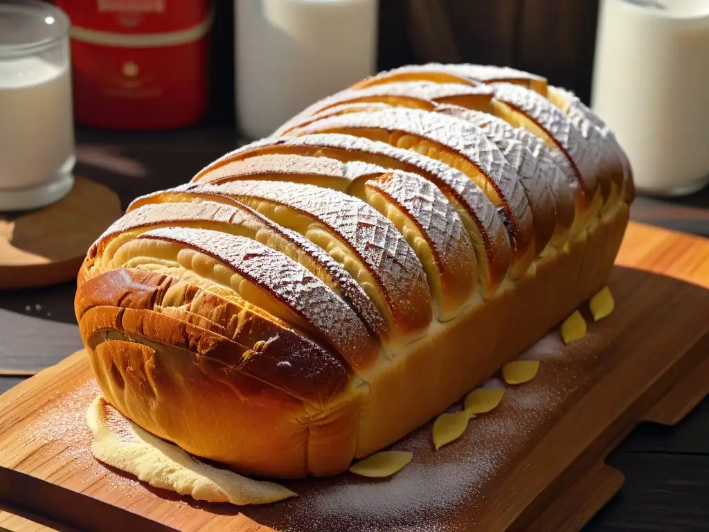 Un pan dulce casero dorado, trenzado y espolvoreado con azúcar glass en una tabla de madera rústica