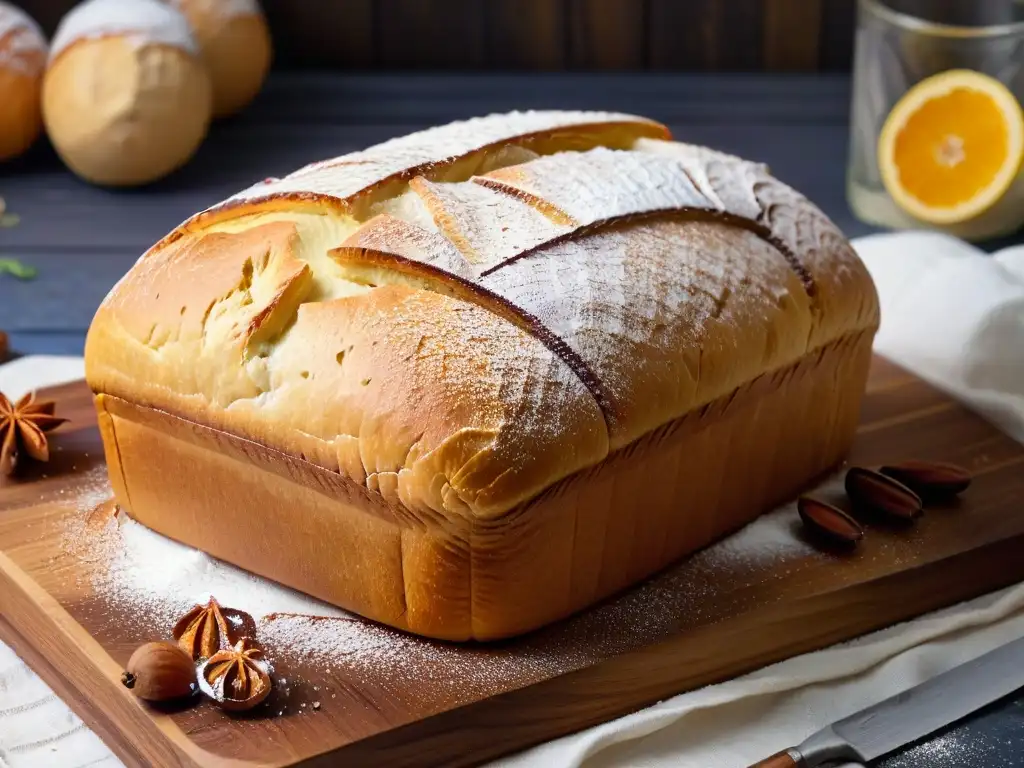 Pan dulce casero recién horneado con ingredientes esparcidos, sobre tabla de madera rústica