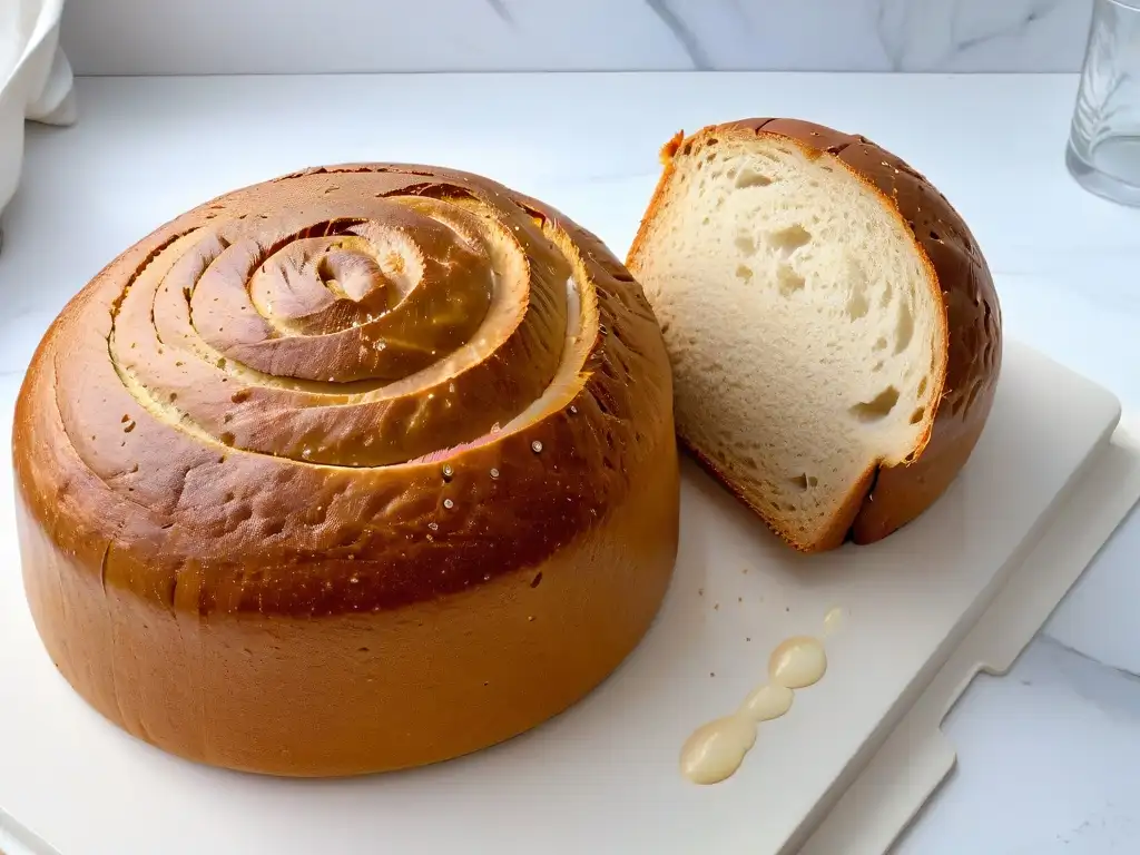 Un pan sin gluten perfectamente horneado en una encimera de mármol blanco