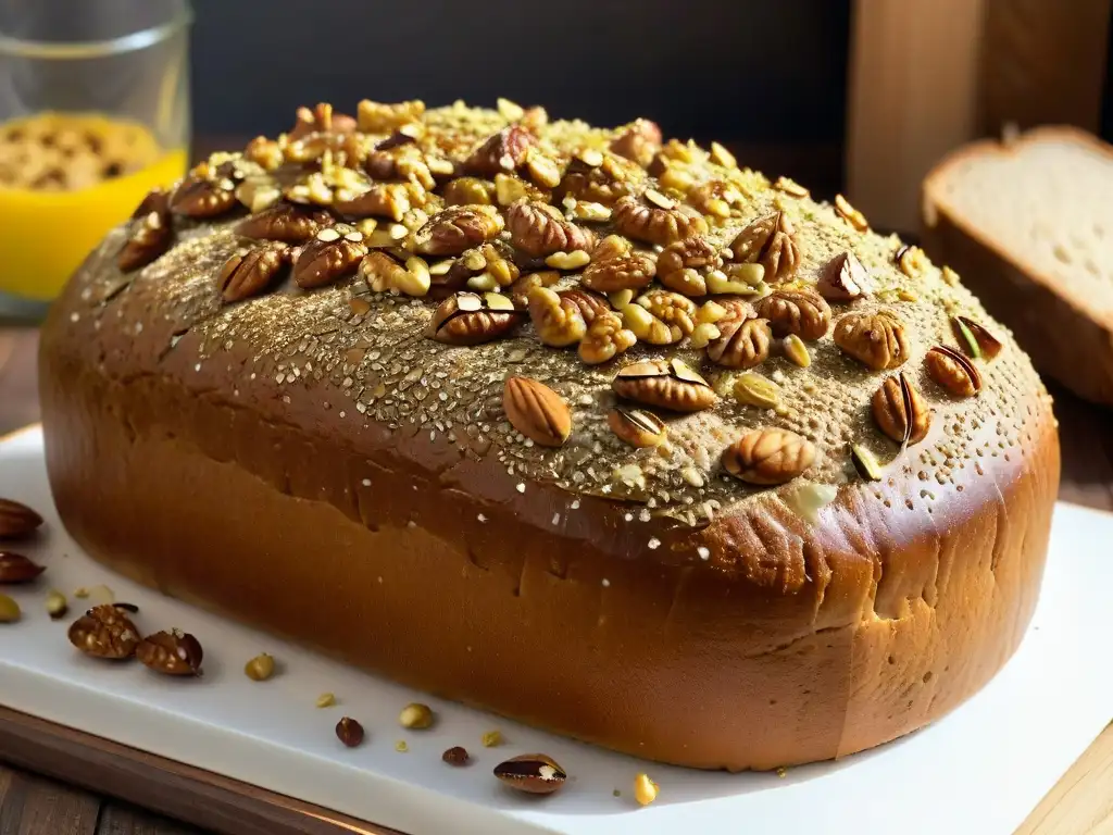 Pan recién horneado con nueces y semillas, cubierto de miel