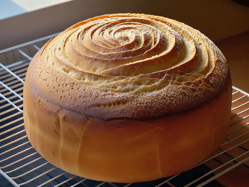 Pan de masa madre recién horneado, con corteza dorada brillante y patrones de burbujas, reflejando técnicas ancestrales de fermentación en repostería