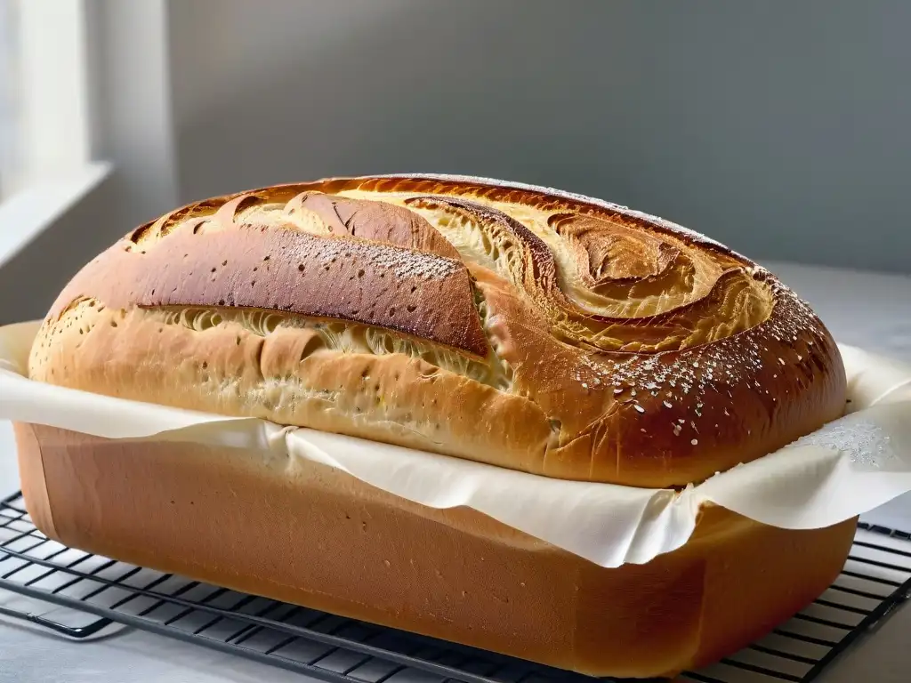 Un pan de masa madre vegano, dorado y recién horneado, con sal marina